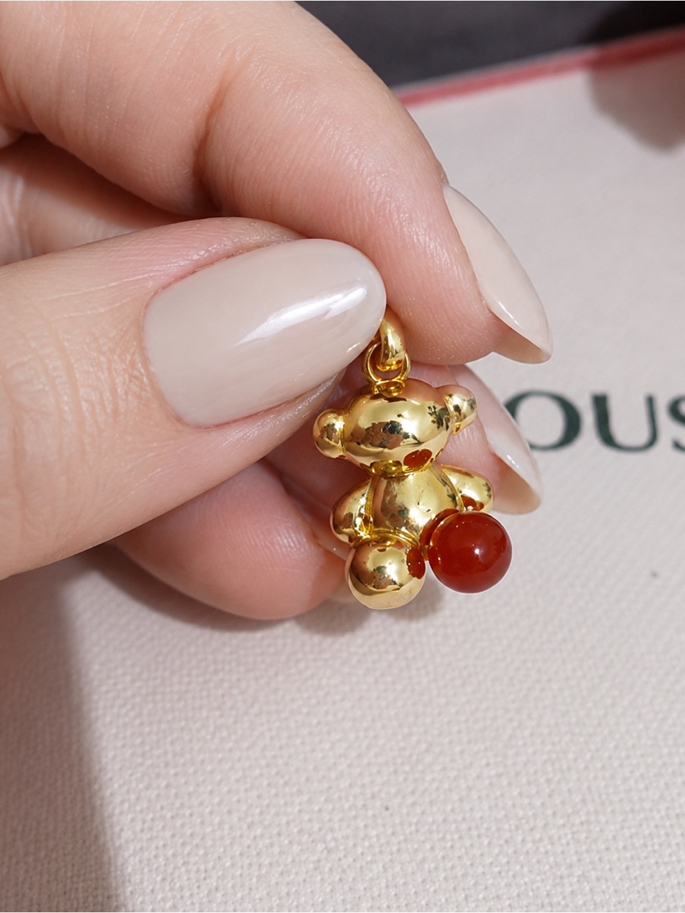 Gold Teddy Bear Charm Pendant with Red Accent vermeil 925
